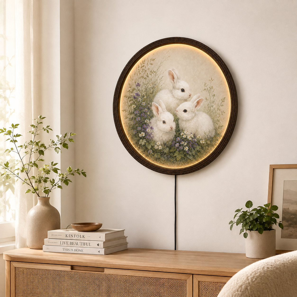 Round Rabbit LED Wall Art – Rustic Farmhouse Home Decor, Illuminated Bunny Wall Hanging