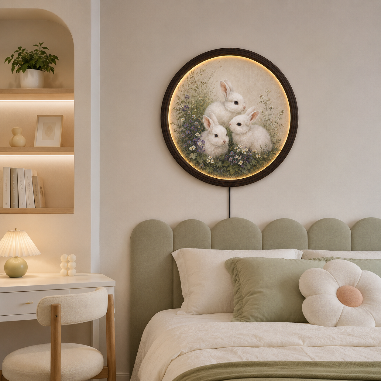 Round Rabbit LED Wall Art – Rustic Farmhouse Home Decor, Illuminated Bunny Wall Hanging