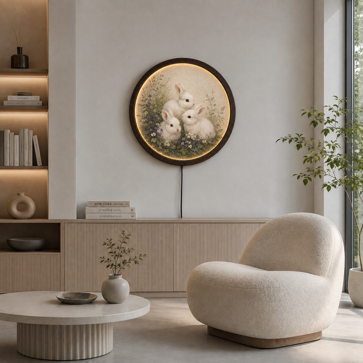 Round Rabbit LED Wall Art – Rustic Farmhouse Home Decor, Illuminated Bunny Wall Hanging