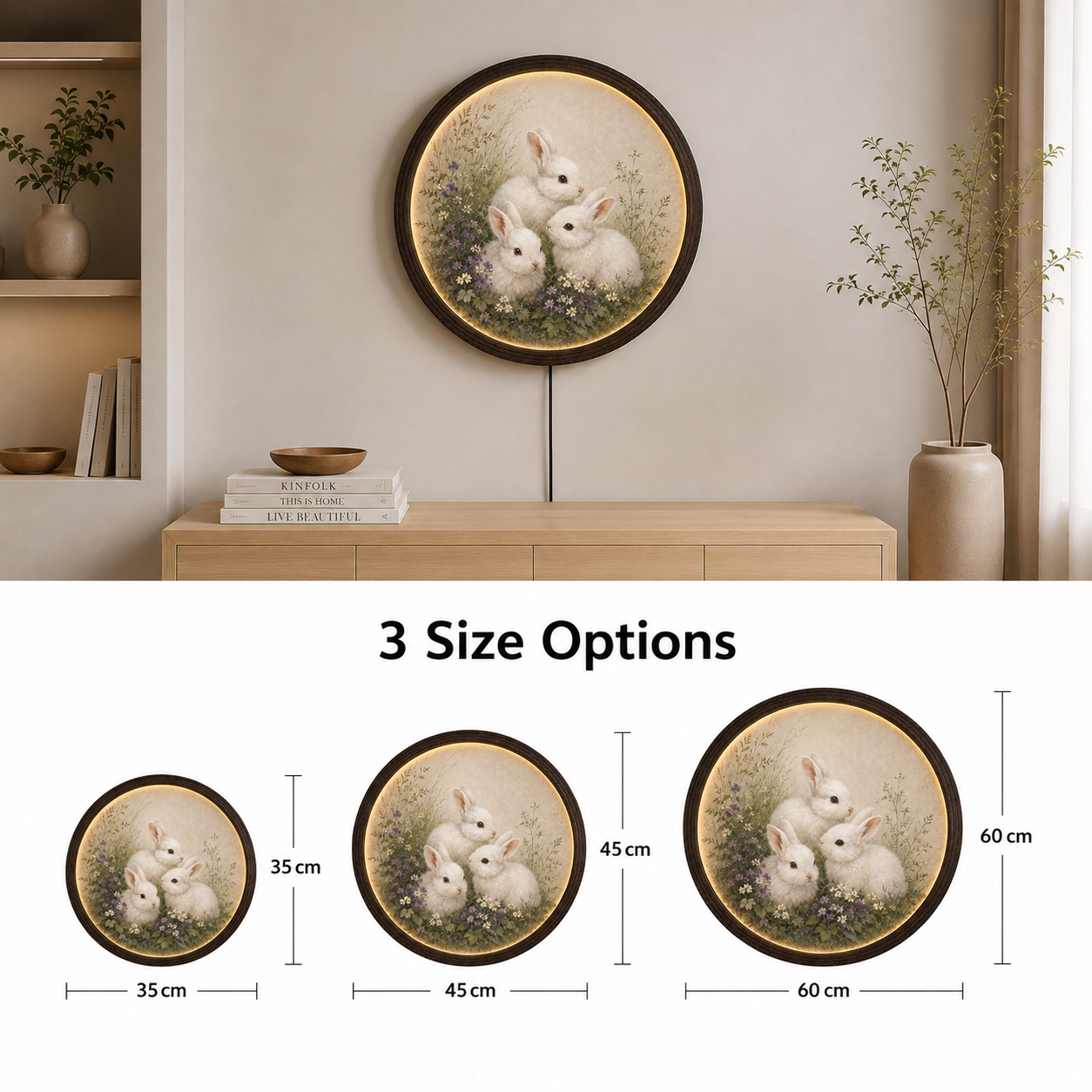 Round Rabbit LED Wall Art – Rustic Farmhouse Home Decor, Illuminated Bunny Wall Hanging