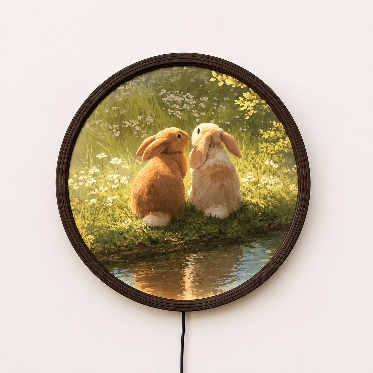 Rustic Bunny Couple LED Wall Art – Round Illuminated Farmhouse Home Decor