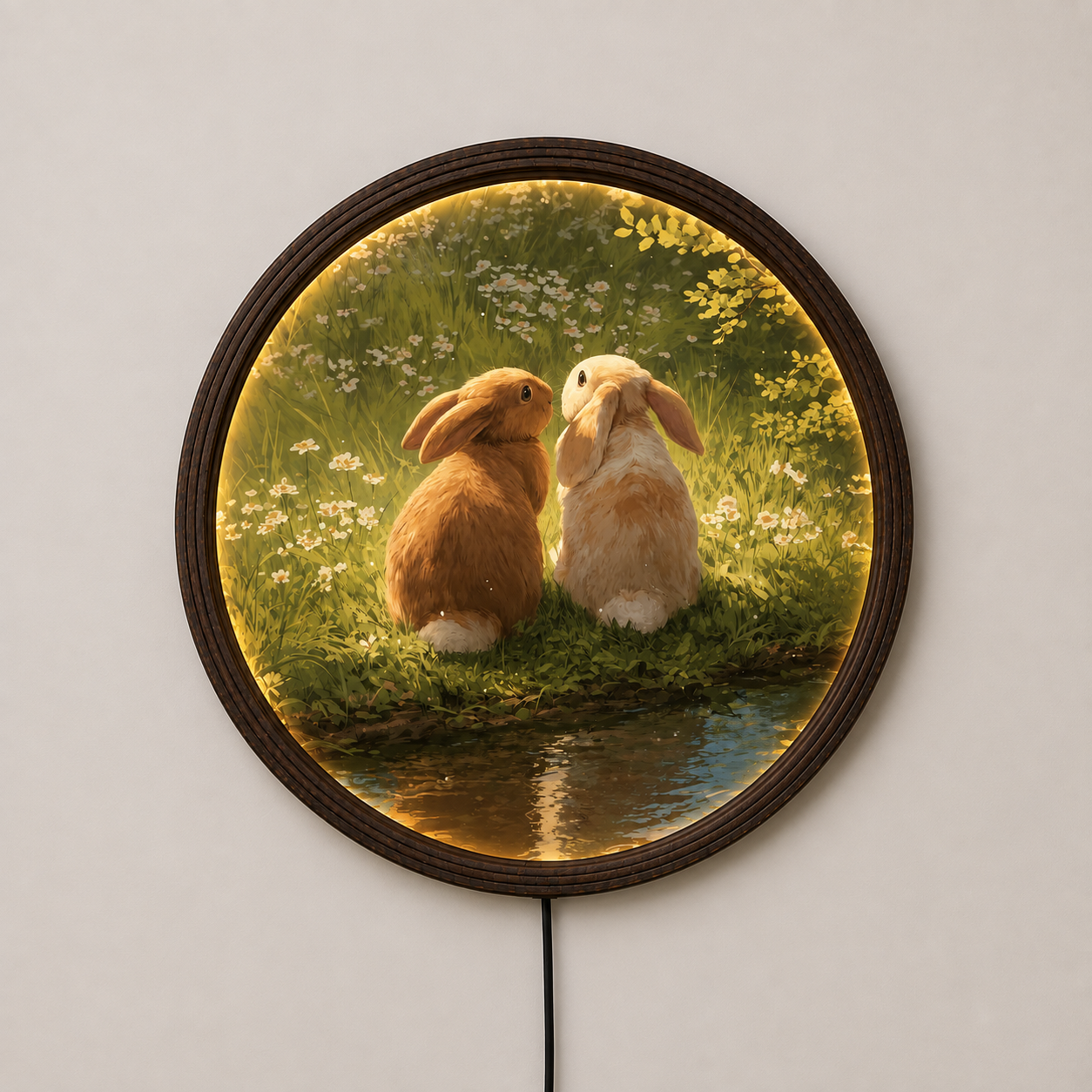 Rustic Bunny Couple LED Wall Art – Round Illuminated Farmhouse Home Decor