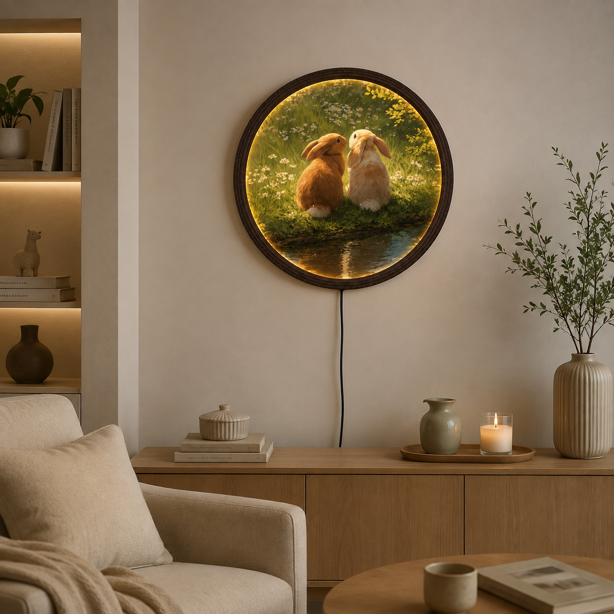 Rustic Bunny Couple LED Wall Art – Round Illuminated Farmhouse Home Decor