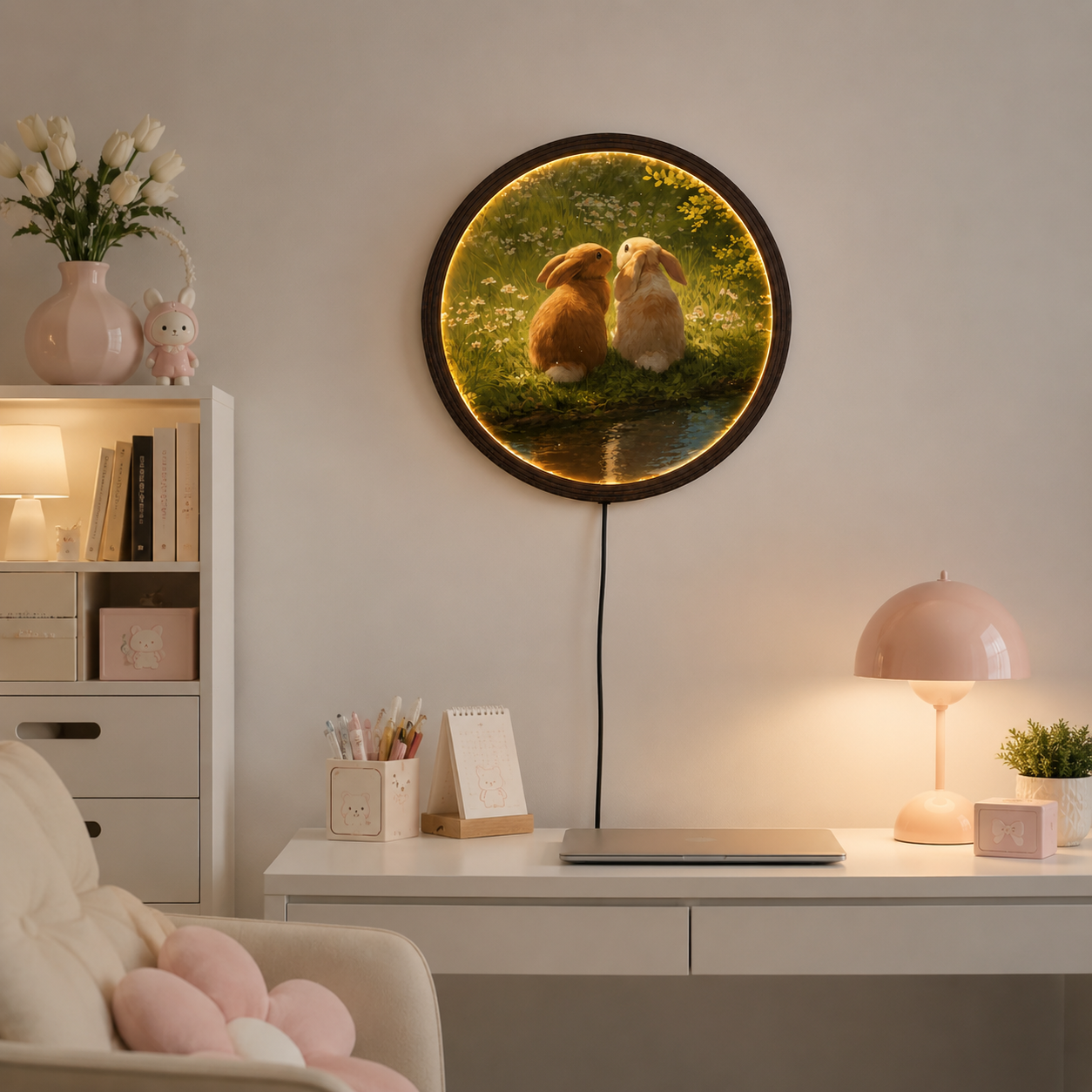 Rustic Bunny Couple LED Wall Art – Round Illuminated Farmhouse Home Decor