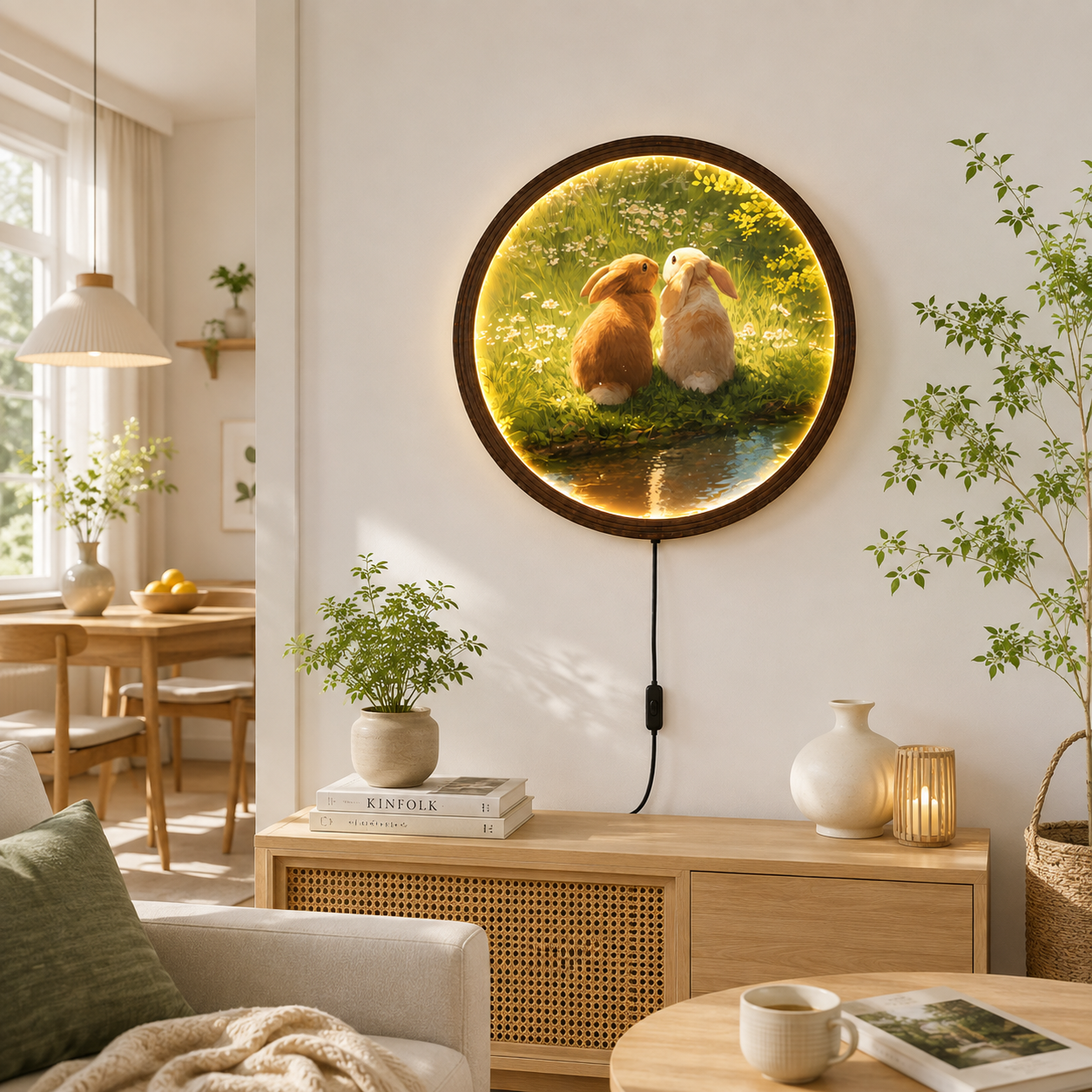 Rustic Bunny Couple LED Wall Art – Round Illuminated Farmhouse Home Decor