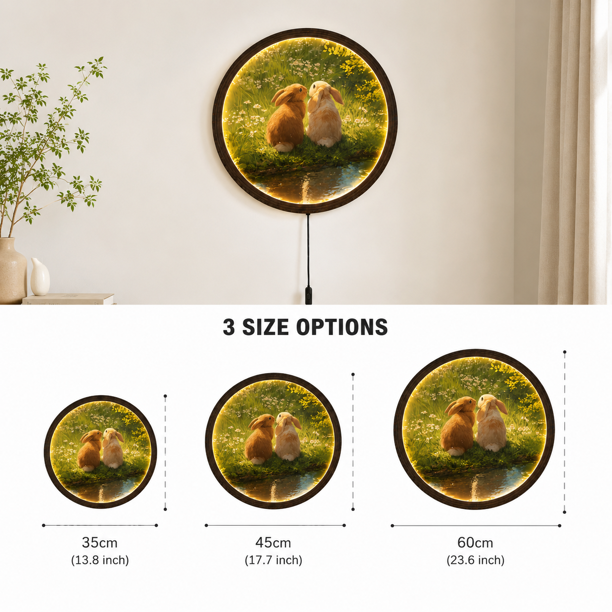 Rustic Bunny Couple LED Wall Art – Round Illuminated Farmhouse Home Decor