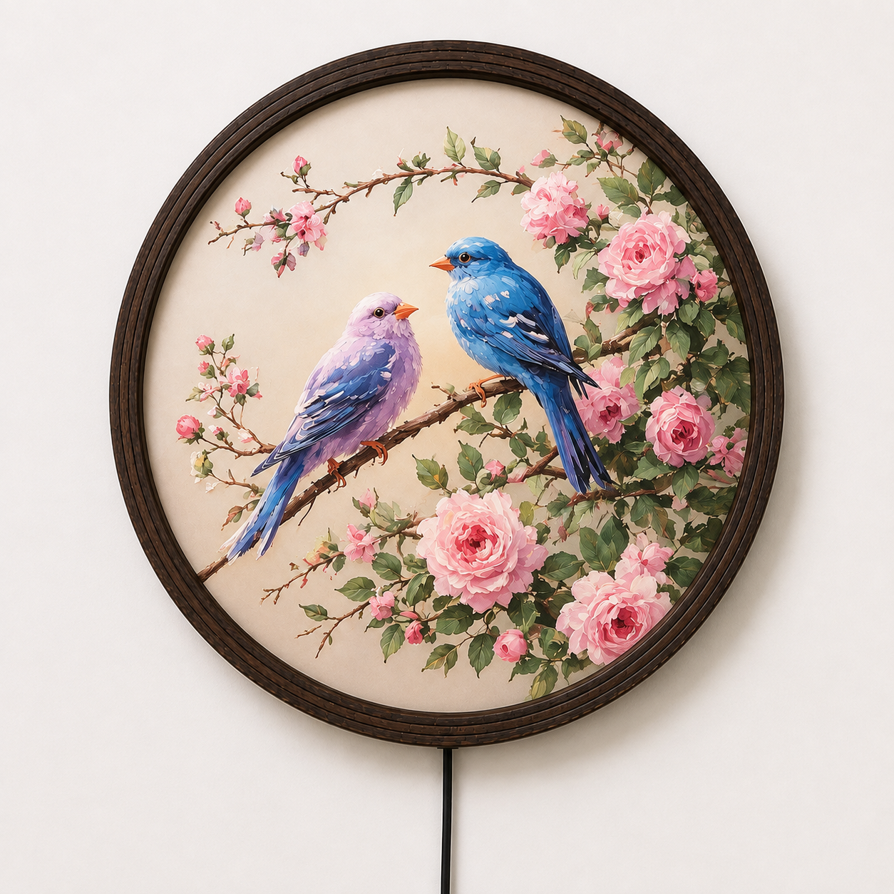 Illuminated Floral Bird Wall Art – Round LED Lighted Wood Frame Decor