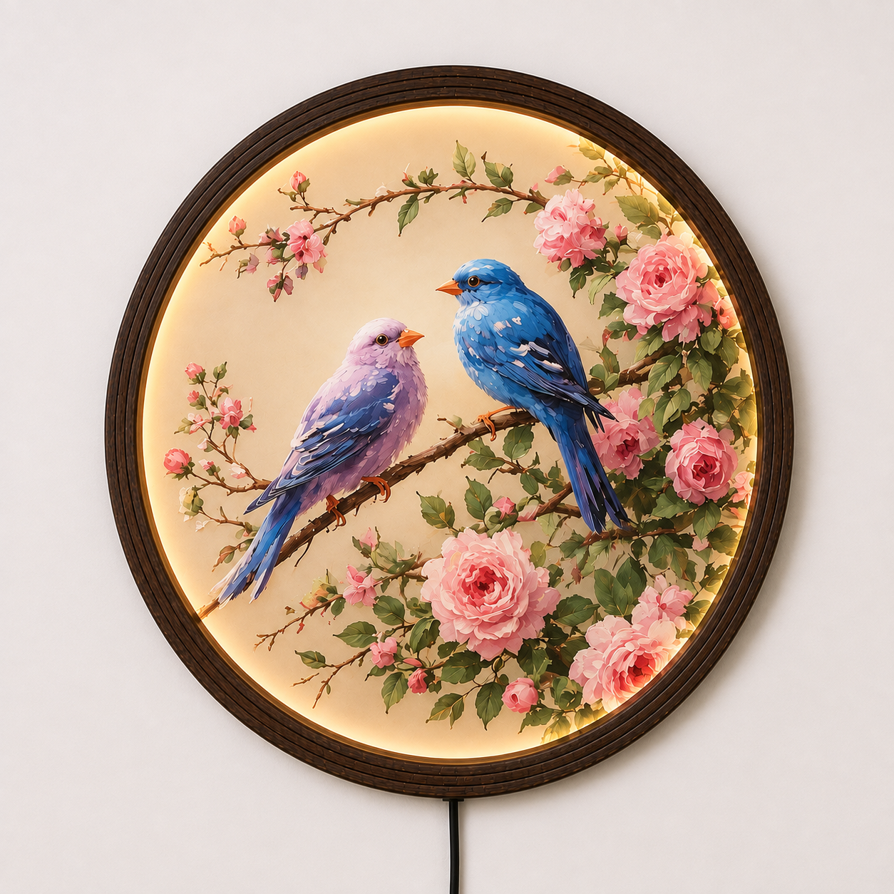 Illuminated Floral Bird Wall Art – Round LED Lighted Wood Frame Decor