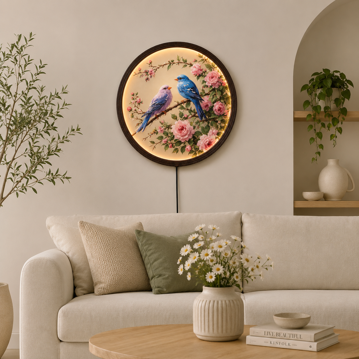 Illuminated Floral Bird Wall Art – Round LED Lighted Wood Frame Decor