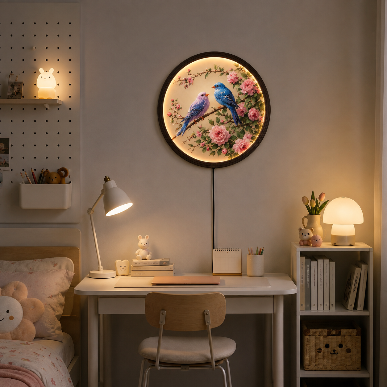 Illuminated Floral Bird Wall Art – Round LED Lighted Wood Frame Decor