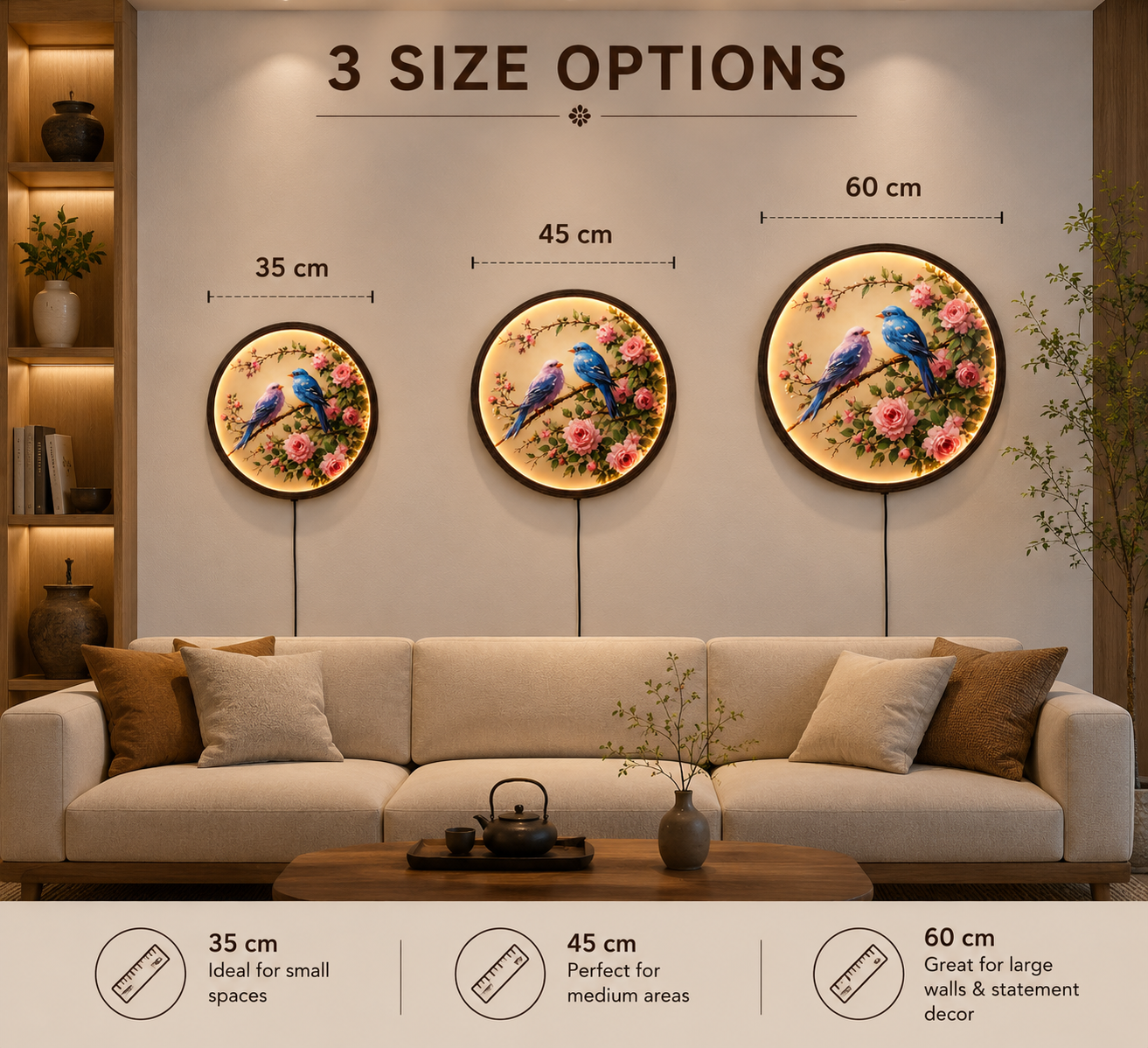 Illuminated Floral Bird Wall Art – Round LED Lighted Wood Frame Decor