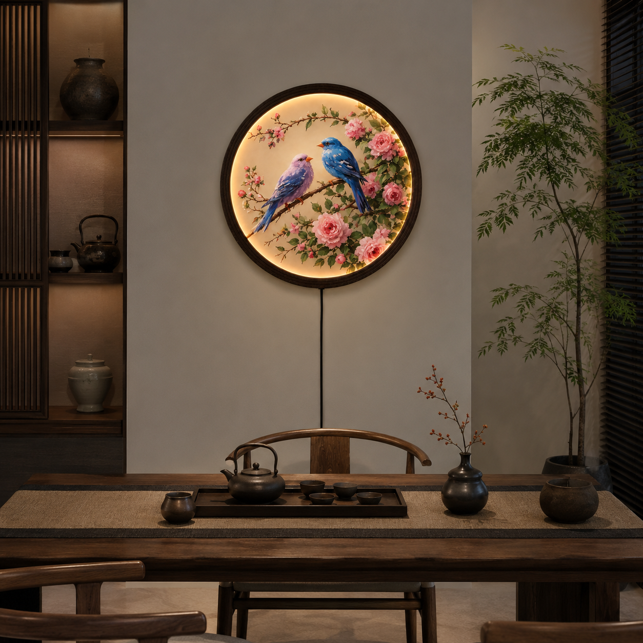 Illuminated Floral Bird Wall Art – Round LED Lighted Wood Frame Decor