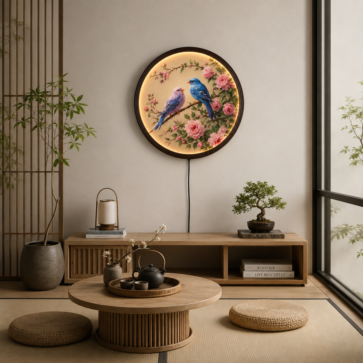 Illuminated Floral Bird Wall Art – Round LED Lighted Wood Frame Decor