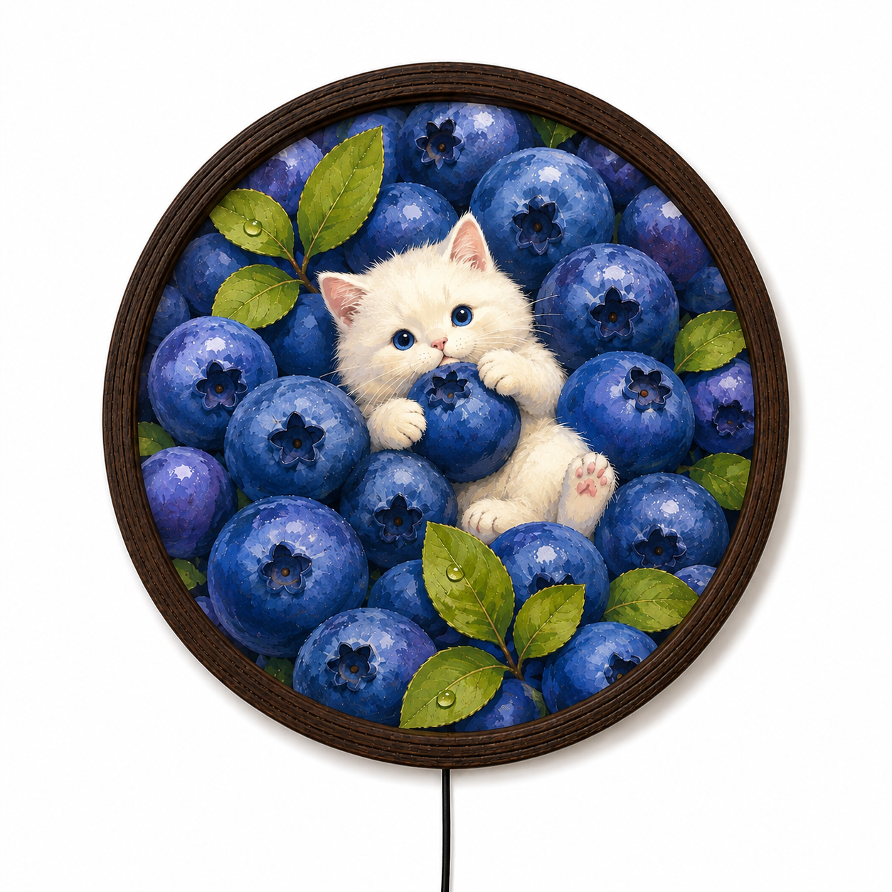 Blueberry Cat LED Wall Art – Whimsical Round Illuminated Home Decor