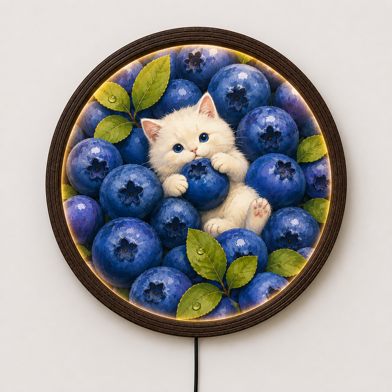 Blueberry Cat LED Wall Art – Whimsical Round Illuminated Home Decor