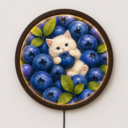 Blueberry Cat LED Wall Art – Whimsical Round Illuminated Home Decor
