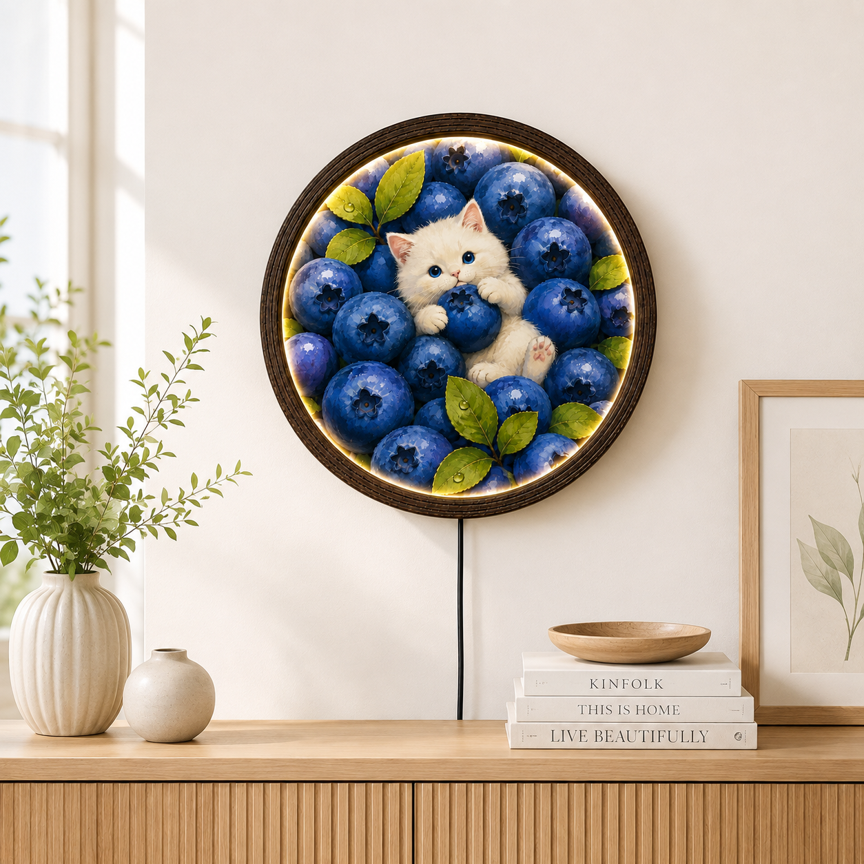 Blueberry Cat LED Wall Art – Whimsical Round Illuminated Home Decor