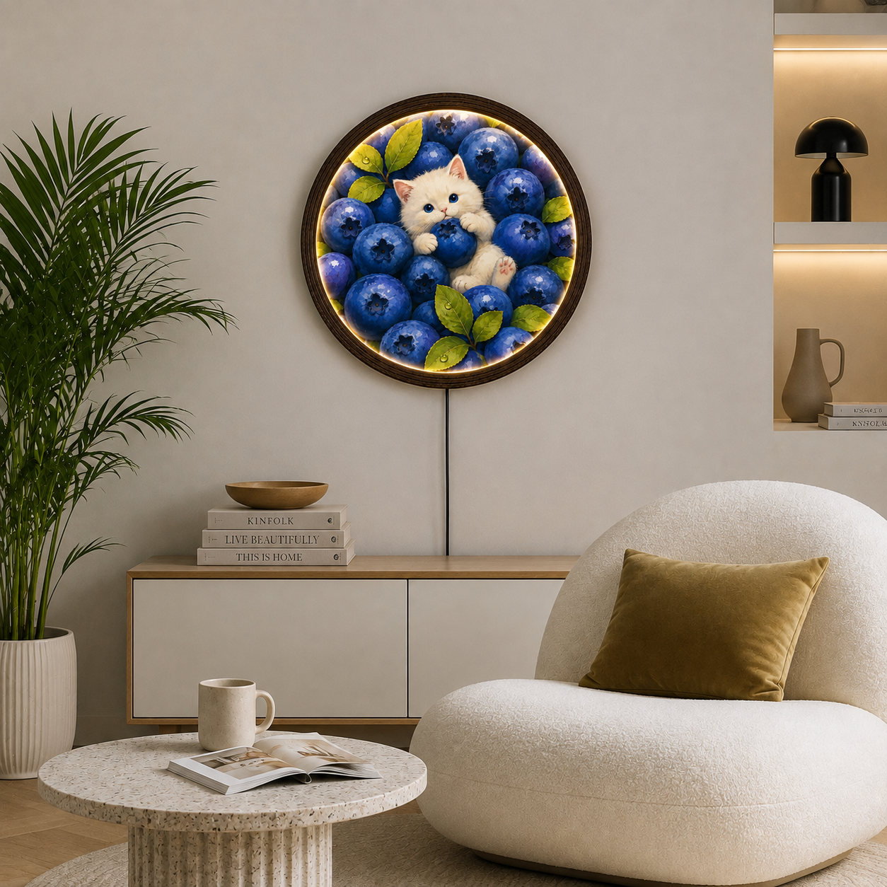 Blueberry Cat LED Wall Art – Whimsical Round Illuminated Home Decor