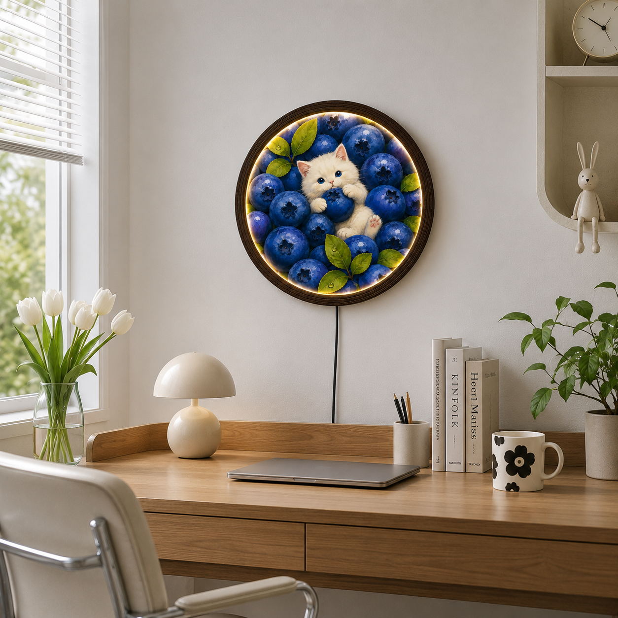 Blueberry Cat LED Wall Art – Whimsical Round Illuminated Home Decor