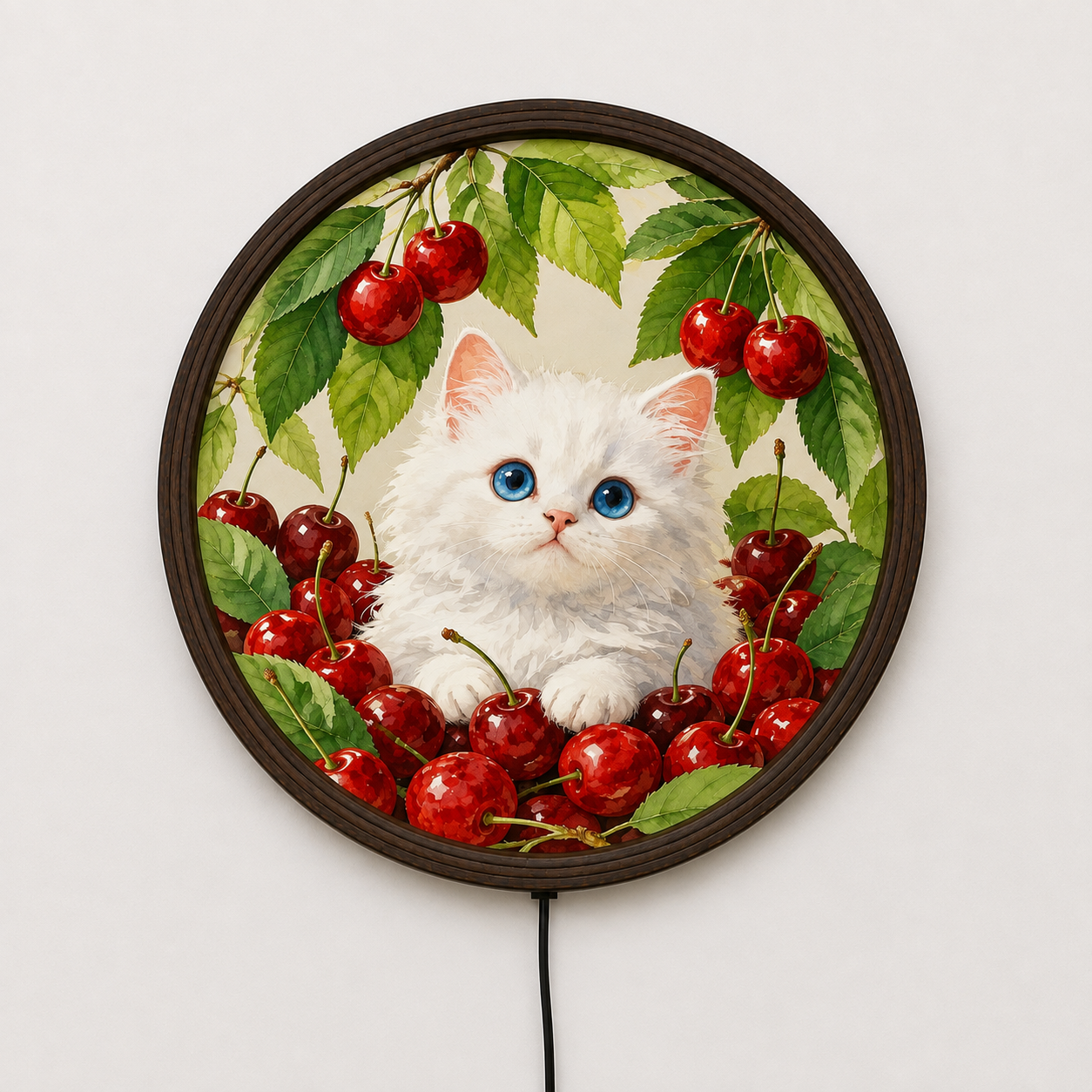 Illuminated White Cat & Cherry Round Wall Art – LED Lighted Home Decor