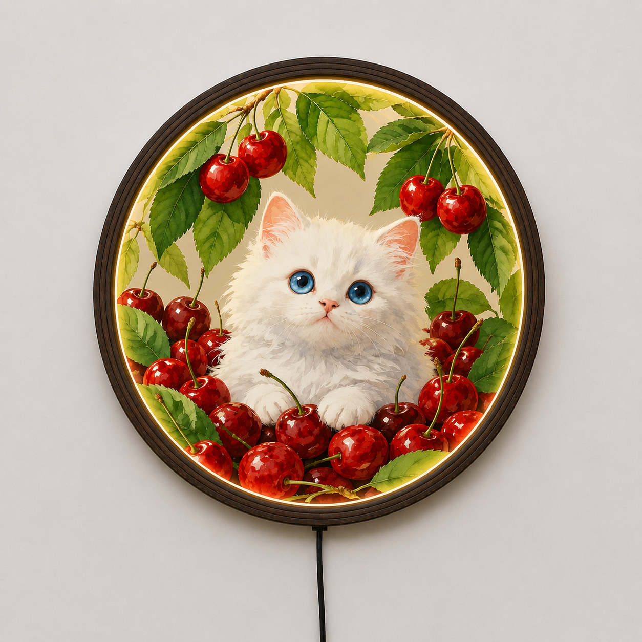 Illuminated White Cat & Cherry Round Wall Art – LED Lighted Home Decor