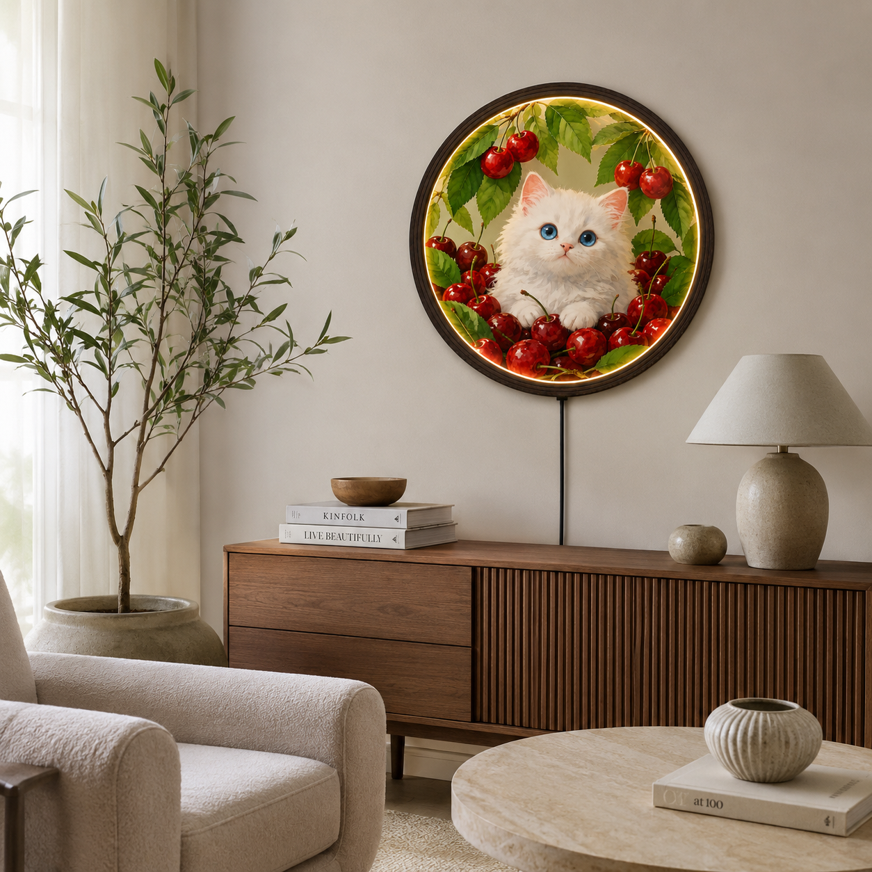 Illuminated White Cat & Cherry Round Wall Art – LED Lighted Home Decor