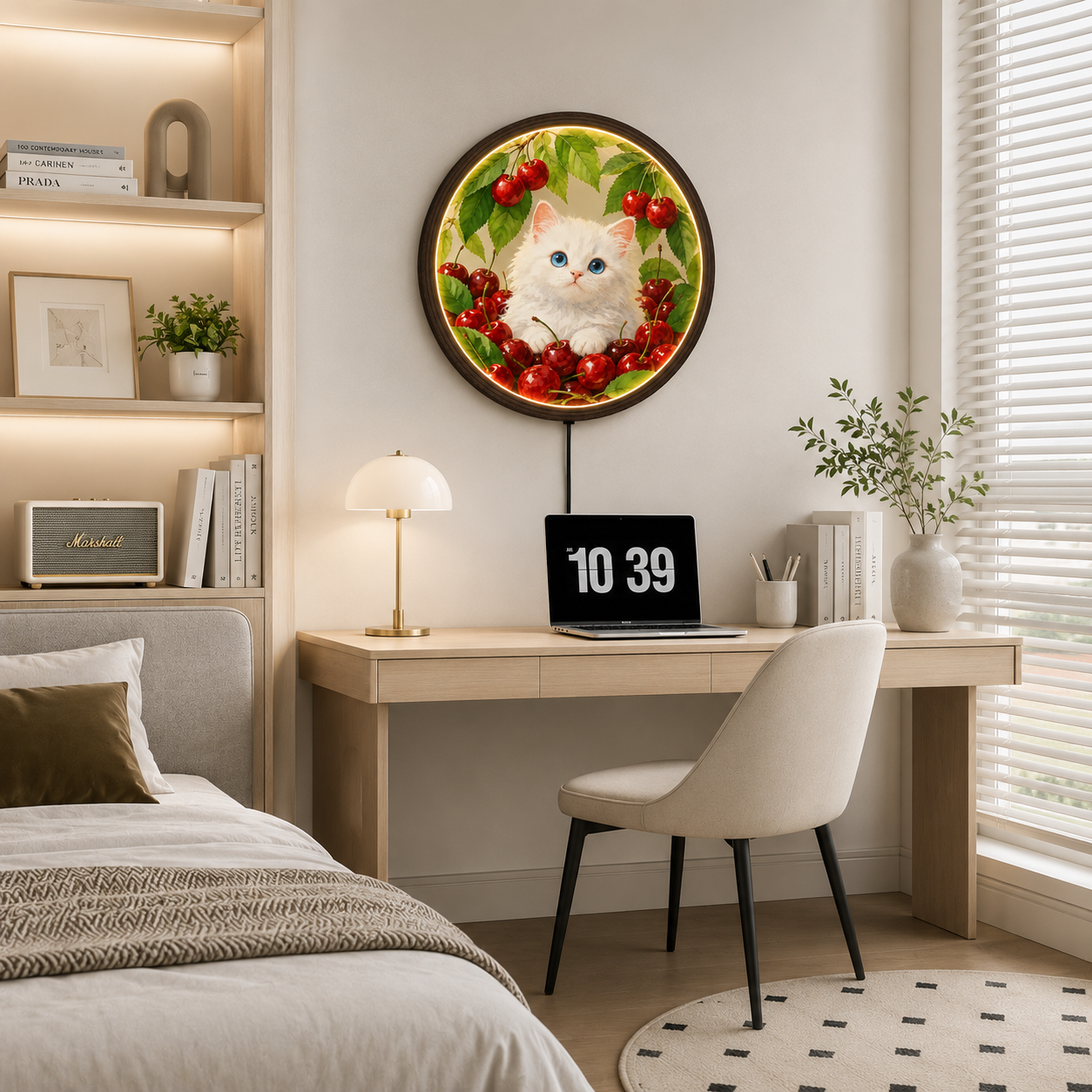 Illuminated White Cat & Cherry Round Wall Art – LED Lighted Home Decor