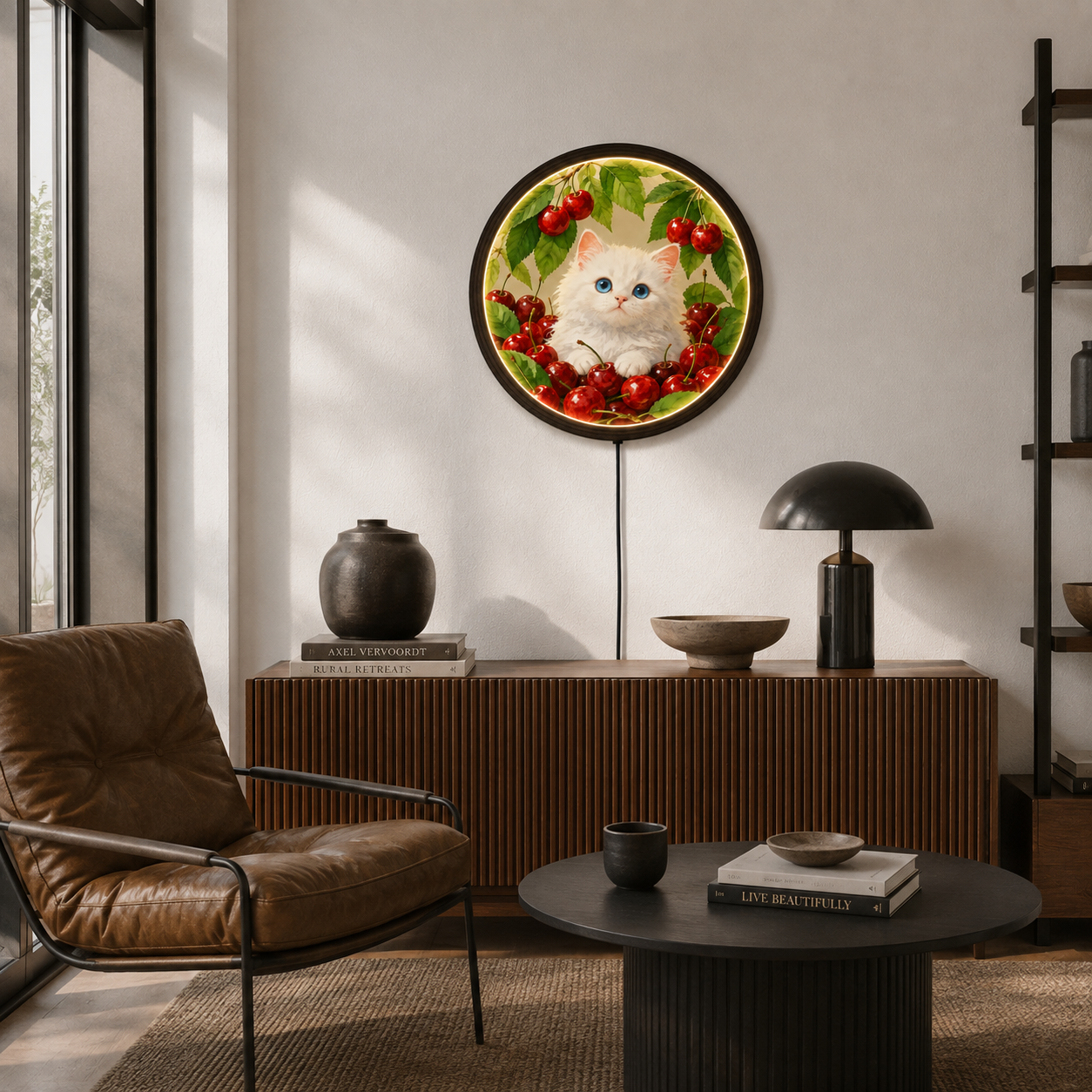 Illuminated White Cat & Cherry Round Wall Art – LED Lighted Home Decor