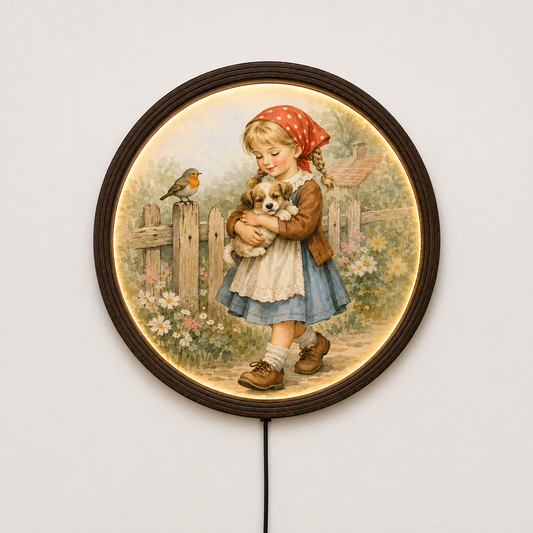Vintage Girl & Puppy Wall Light – Round Framed LED Home Decor, Rustic Cottage Wall Art