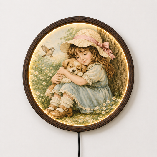 Vintage Girl and Puppy Round LED Wall Art – Cottagecore Nursery & Home Decor