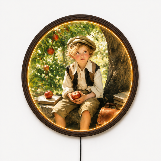 Vintage Boy in Apple Orchard LED Wall Art – Round Illuminated Framed Picture, Rustic Cottage Home Decor