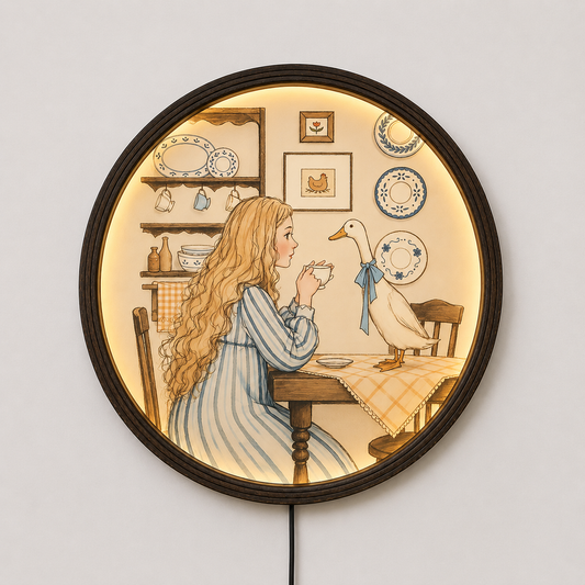Vintage Cottagecore LED Wall Art – Girl and Goose Round Lighted Wall Decor