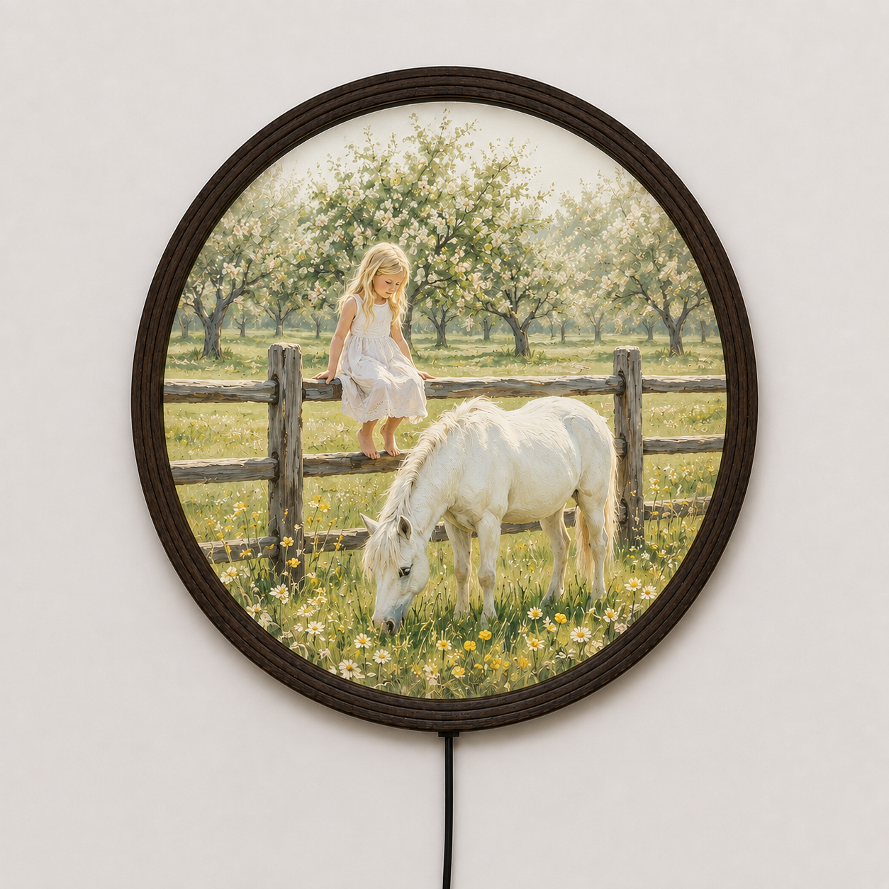 Enchanted Meadow Girl & White Horse LED Round Wall Art