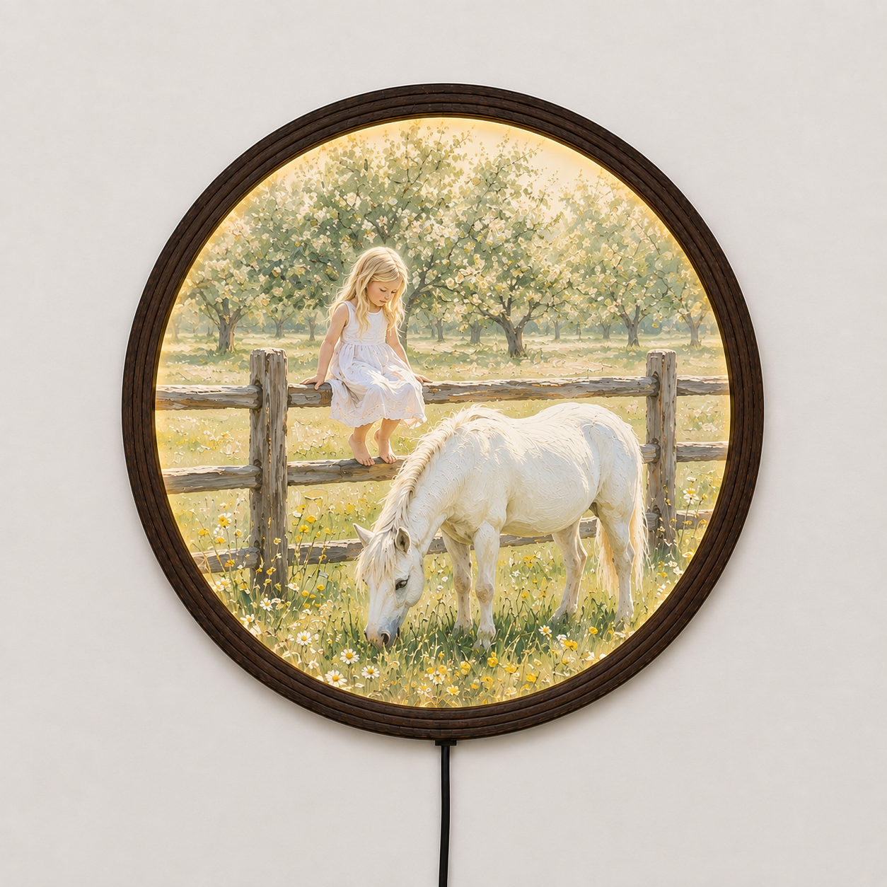 Enchanted Meadow Girl & White Horse LED Round Wall Art