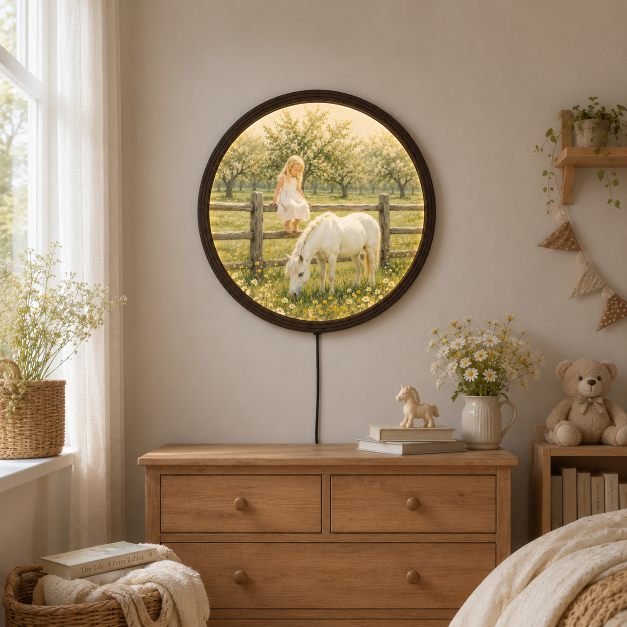 Enchanted Meadow Girl & White Horse LED Round Wall Art
