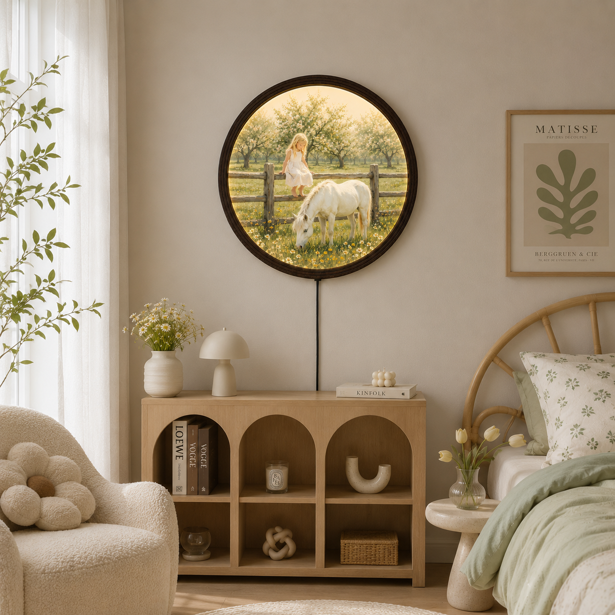 Enchanted Meadow Girl & White Horse LED Round Wall Art
