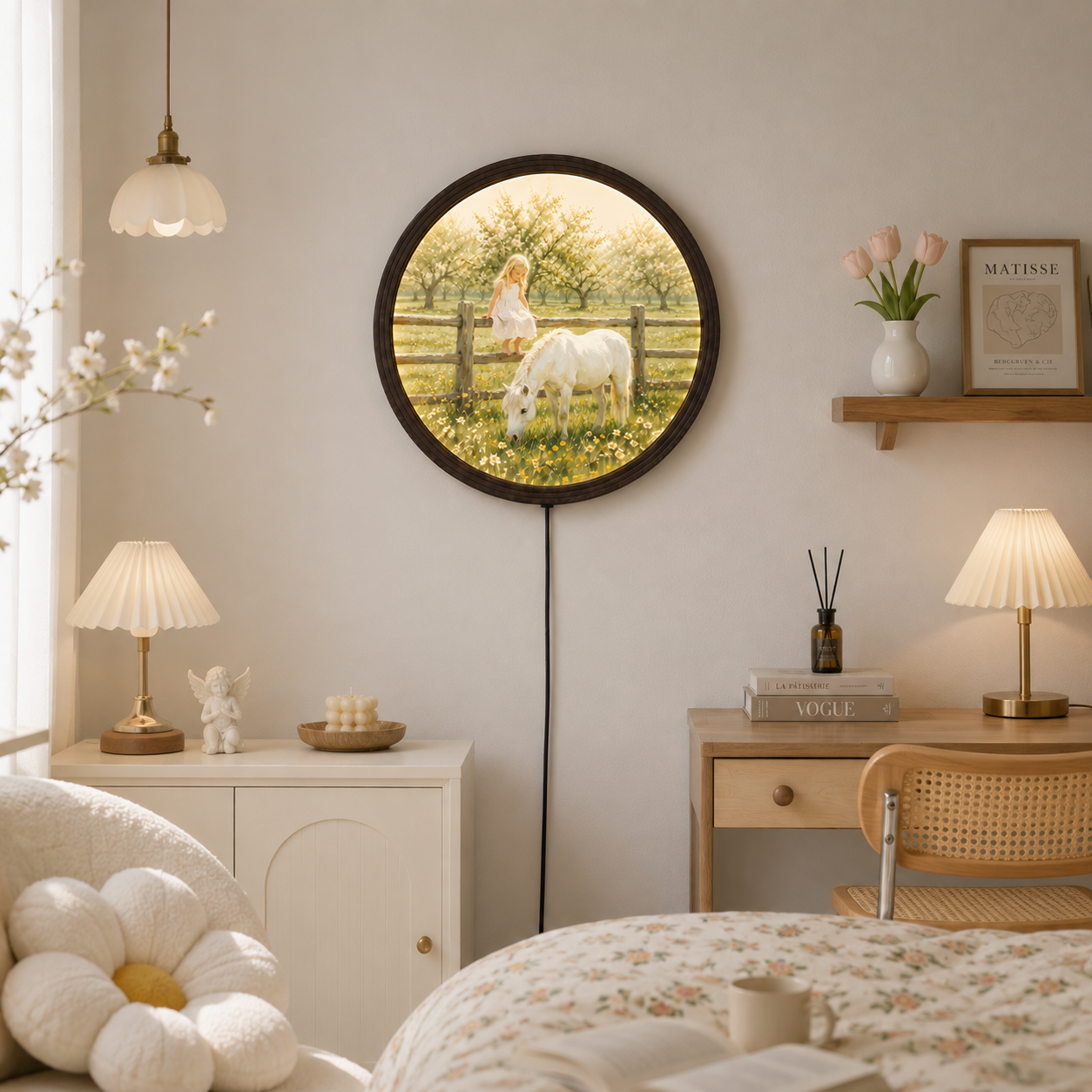 Enchanted Meadow Girl & White Horse LED Round Wall Art