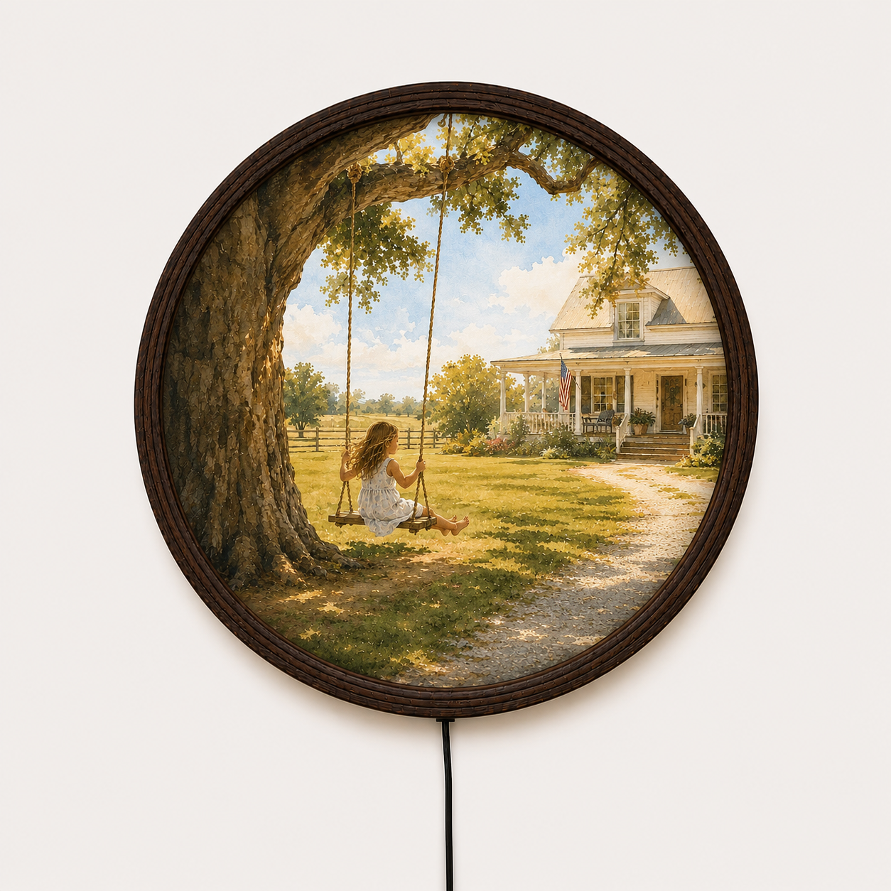 Rustic Farmhouse LED Wall Art – Round Countryside Swing House Decor