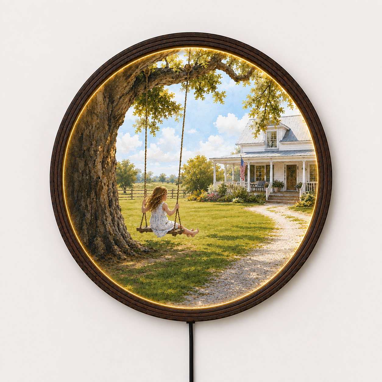 Rustic Farmhouse LED Wall Art – Round Countryside Swing House Decor