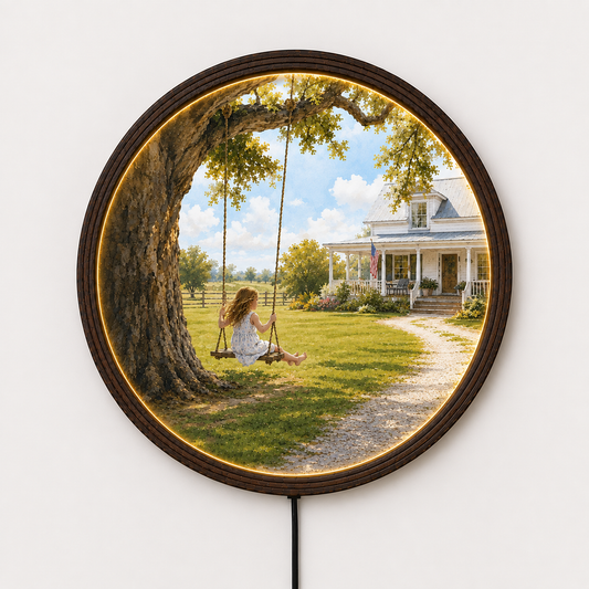 Rustic Farmhouse LED Wall Art – Round Countryside Swing House Decor