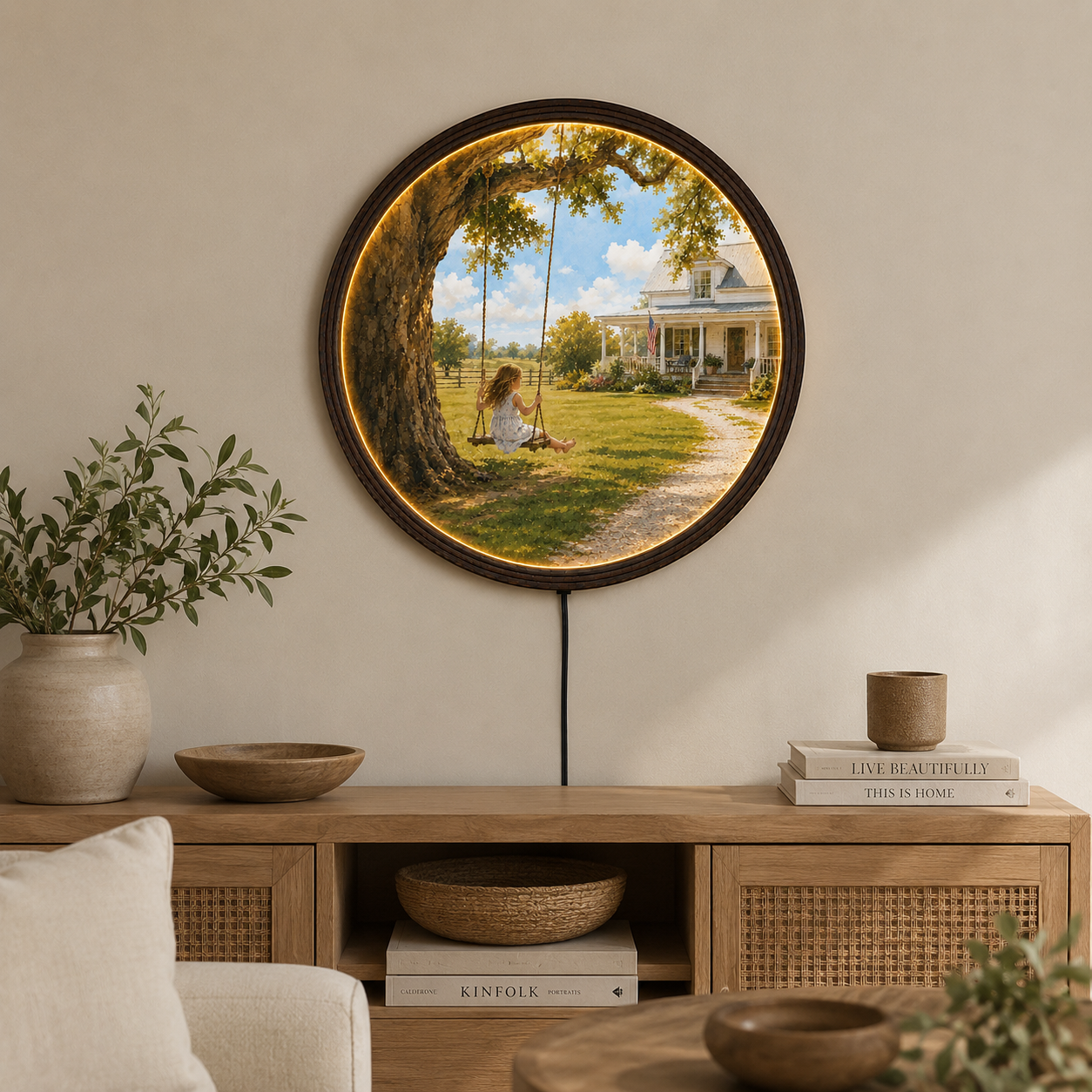 Rustic Farmhouse LED Wall Art – Round Countryside Swing House Decor