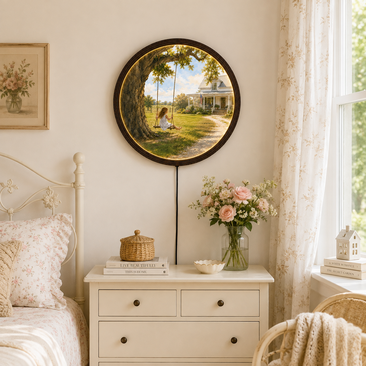 Rustic Farmhouse LED Wall Art – Round Countryside Swing House Decor