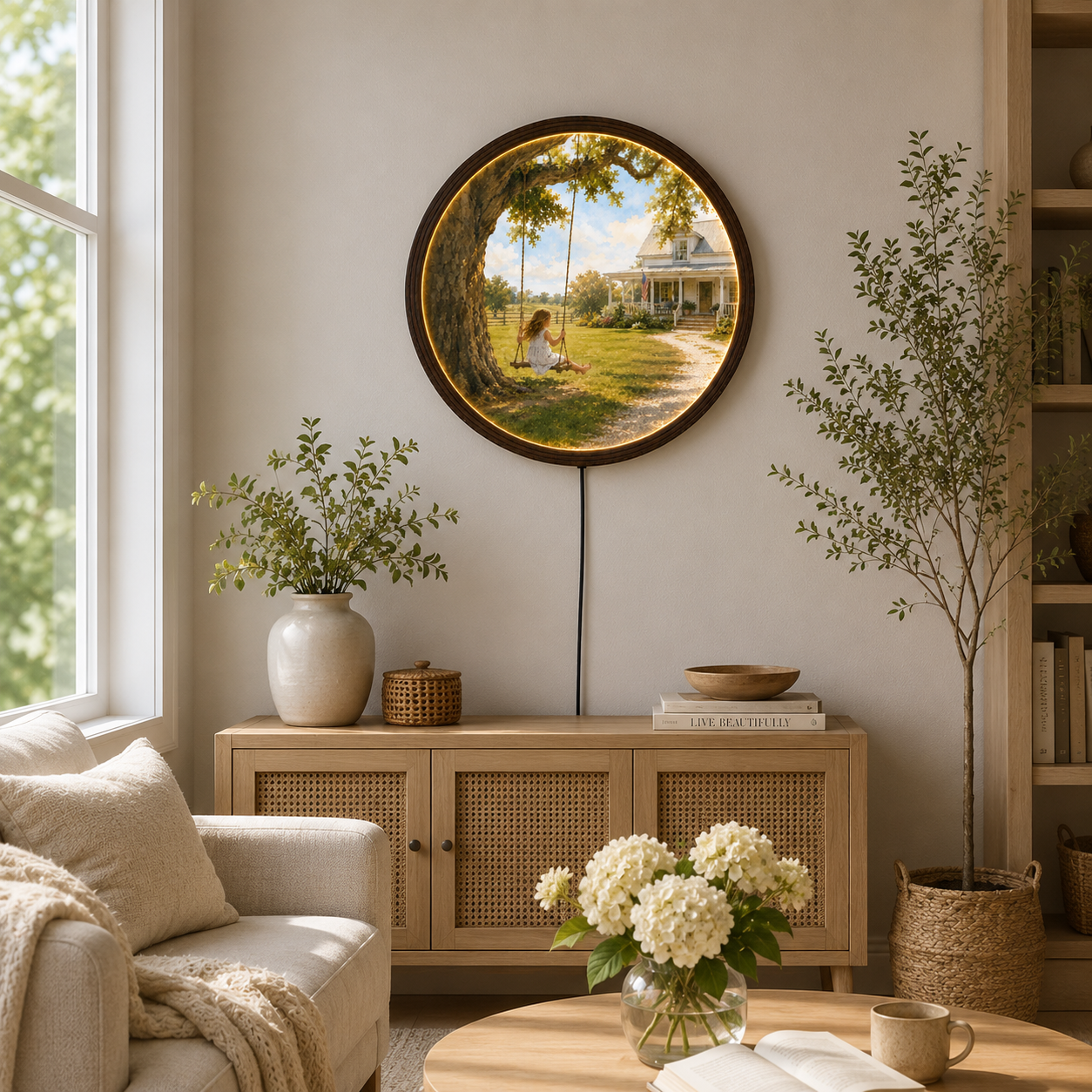 Rustic Farmhouse LED Wall Art – Round Countryside Swing House Decor