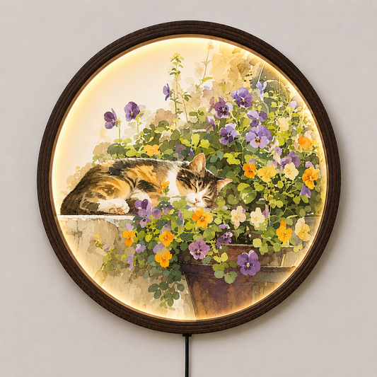Illuminated Cat & Wildflower Round Wall Art – Rustic Cottagecore LED Lighted Wall Decor