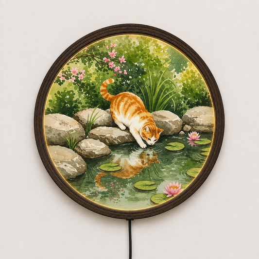 Round Cat Pond LED Wall Art – Japanese-Inspired Home Decor