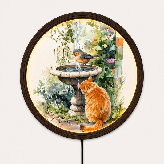 Rustic Bird and Cat Garden Water Fountain LED Round Wall Art – Cottagecore Nature Home Decor