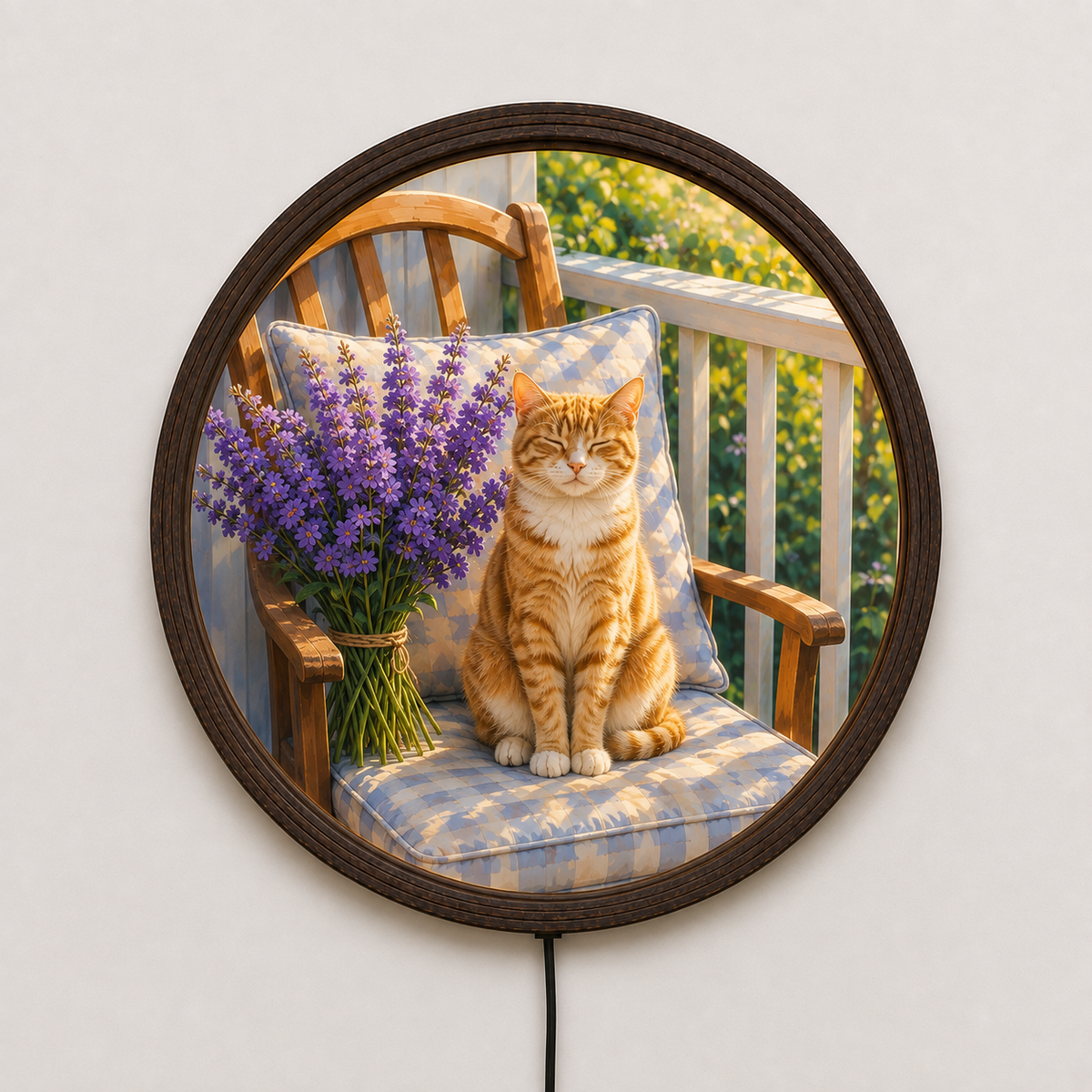 Rustic Cat Wall Art with LED Lighting, Round Farmhouse Home Decor, Cozy Orange Tabby Cat & Lavender Flower Wall Accent