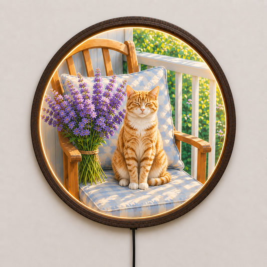 Rustic Cat Wall Art with LED Lighting, Round Farmhouse Home Decor, Cozy Orange Tabby Cat & Lavender Flower Wall Accent
