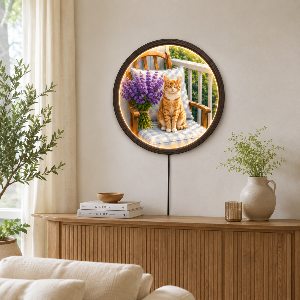 Rustic Cat Wall Art with LED Lighting, Round Farmhouse Home Decor, Cozy Orange Tabby Cat & Lavender Flower Wall Accent