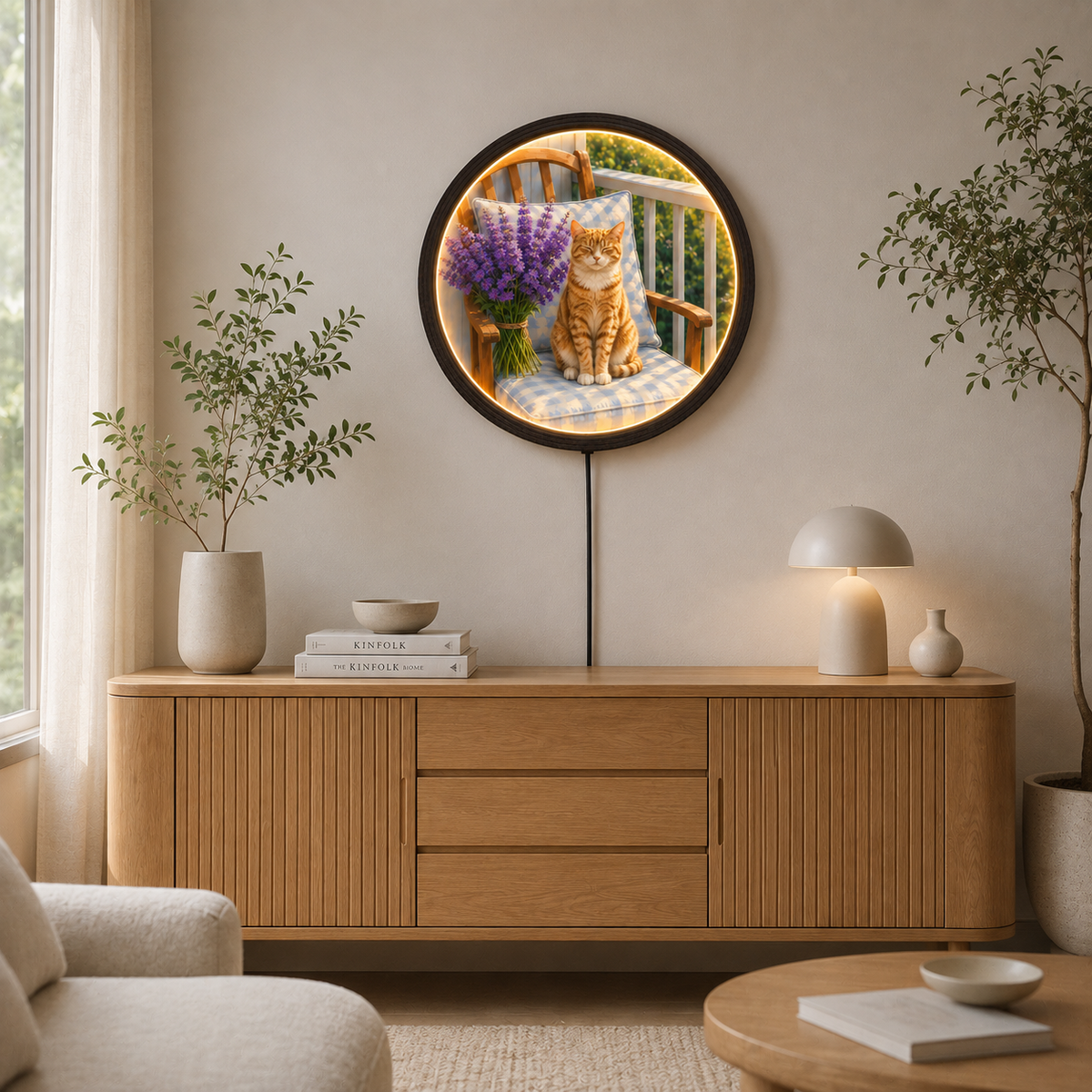 Rustic Cat Wall Art with LED Lighting, Round Farmhouse Home Decor, Cozy Orange Tabby Cat & Lavender Flower Wall Accent